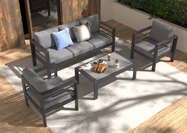 MeXo Gartenlounge-Set Gartenmöbel Set 4-5 Personen Aluminium Wetterfest, (12cm Deluxe Relax-Sitzkissen, 4-tlg, Belastbarkeit pro Sitzplatz 140kg), Lounge Gartenmöbelset mit Tisch, Luxus Relax