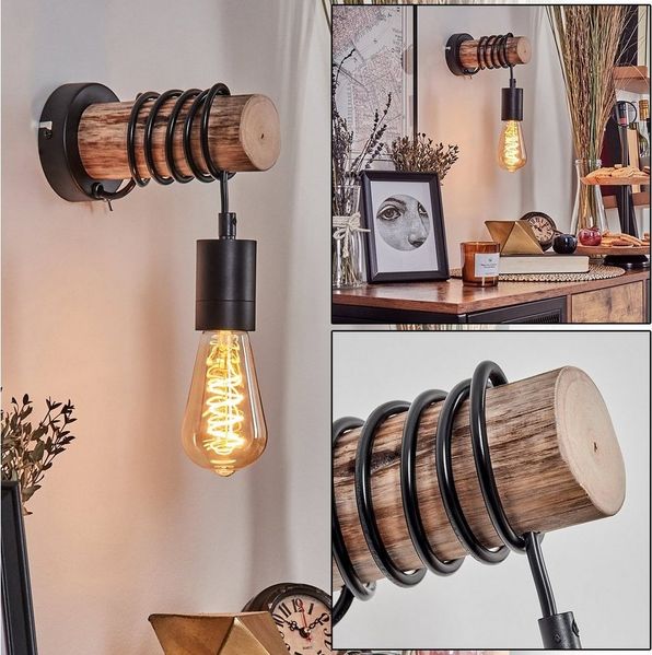 hofstein Wandleuchte Wandlampe aus Metall/Holz in Schwarz/Natur, ohne Leuchtmittel, 1-flammig, Leuchte im skandinavischen Design, 1xE27, ohne Leuchtmittel