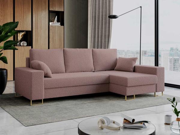 Ecksofa mit Schlaffunktion L-Form mit Bettkasten - DORIAN-Non - Rosa Boucle