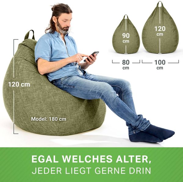 Green Bean 'Home Linen' Indoor XXL Sitzsack mit EPS-Perlen Füllung, waschbar, Leinen grün, 100 x 50 x 120 cm, 300 l Bild 5