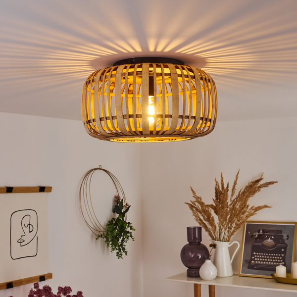 hofstein Deckenleuchte »Padra« runde Deckenlampe aus Metall in schwarz und Holz in hellbraun, ohne Leuchtmittel, Vintage/Boho Look Zimmerlampe, 1xE27 Bild 5