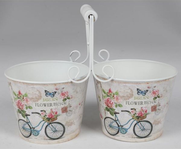 Doppel Übertopf Metall Holzhenkel Print Blumenkübel Pflanzenbox Gartendekoration