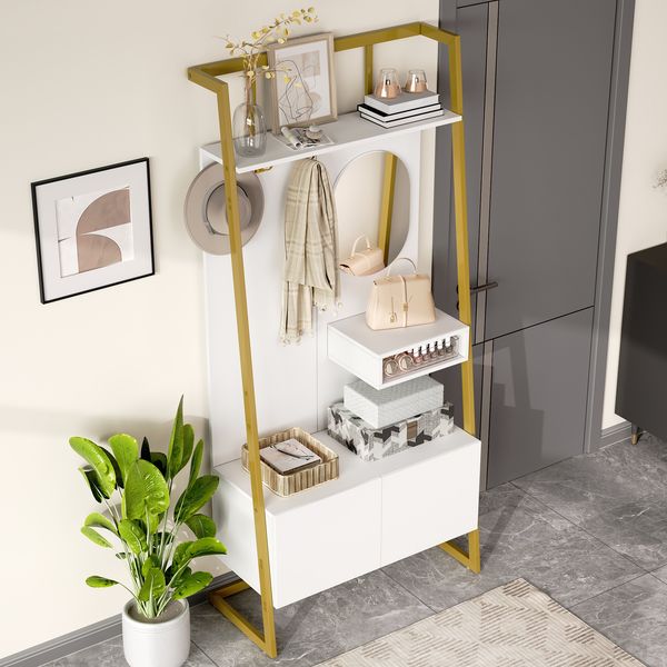Moderne minimalistische Kompaktgarderobe, offener multifunktionaler Aufbewahrungsschrank mit Spiegel, Metallhaken,Garderobenständer mit Schuhbank, Garderobe, Schuhaufbewahrung,Kleiderständer,