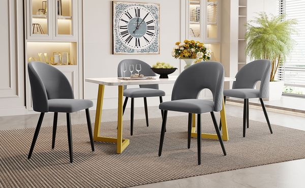Esstisch 117x68x75 cm mit 4 Samtstühlen, MDF-Tischplatte und verstellbaren Metalllbeinen, weiß und grau