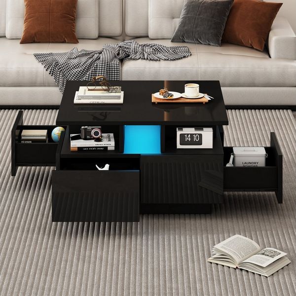 HAUSS SPOLE Couchtisch hochglanz Kaffeetisch mit LED Licht, Sofatisch mit4 schubladen Schwarz (Satztisch, Wohnzimmertisch, Beistelltisch, 1-St, mit 4 schubladen), mit LED licht, geometrische Design