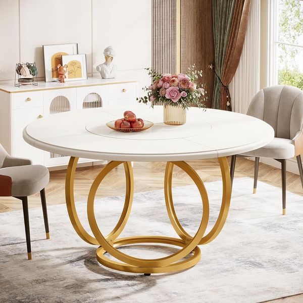 LITTLE TREE Esstisch Rund, moderner 120cm Küchentisch für 4-6 Personen, Couchtisch Beistelltisch mit 2 Ebenen & Metallrahmen für Wohnzimmer, Esszimmer und Küche, Weiß/Gold