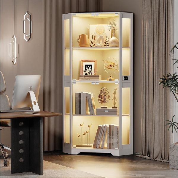 BROTTAR Glasvitrine Curio-Schrank, Eckvitrine, 4 Böden mit LED-Beleuchtung (1-St) mit menschlichem Körpersensor für Spielzeug, Bücher, weiß