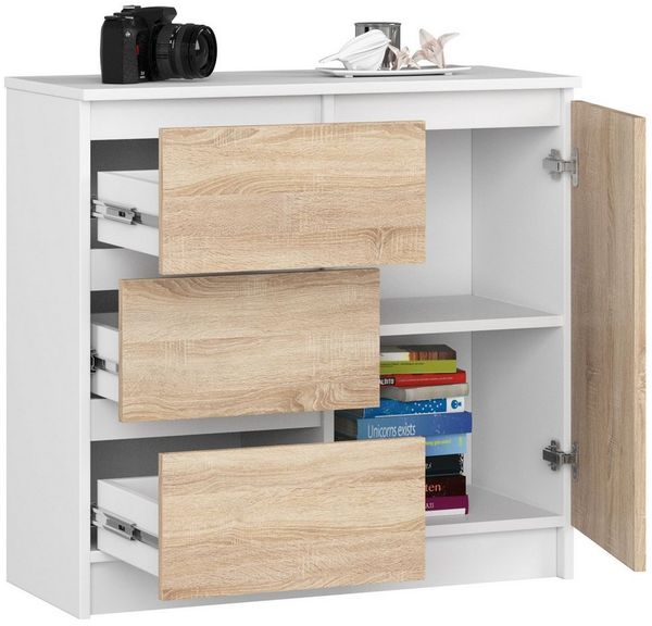 Milord FURNITURE Kommode mit 3 Schubladen 2 Einlegeböden und 1 Tür 80 cm breit, B80xH77xT35 Bild 2