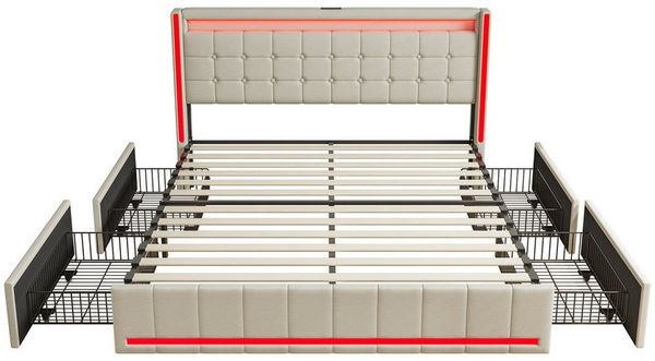 PXloue Polsterbett LED Doppelbett 140x200 cm (Inklusive USB-Typ-C-Ladeanschluss), Stauraumbett,mit Bettrahmen und 4 Schubladen,160x200cm,Leinen