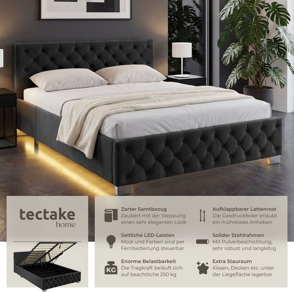 tectake Polsterbett Komfortbett mit LED-Leisten & Stauraum - Samtoptik mit Steppmuster (Bettset, in Samtoptik Schwarz), stabiler Stahlrahmen, Belastbarkeit 250 kg