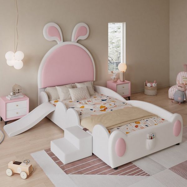 REDOM Kinderbett Polsterbett Bett (mit Kinderrutsche & Treppe, mit Aufbewahrungstasche, Kinder-Einzelbett mit rosa Hasenohren 90x200 cm), Inklusive Matratze