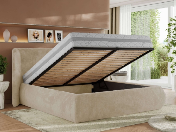 Polsterbett mit Lattenrost, Doppelbett Bettkasten, Bettgestell mit Gasdruckfeder Foam Matratze - CAELA CLASSIC - 200 x 200 cm - Creme Plüsch - MIRO LUX Bild 3