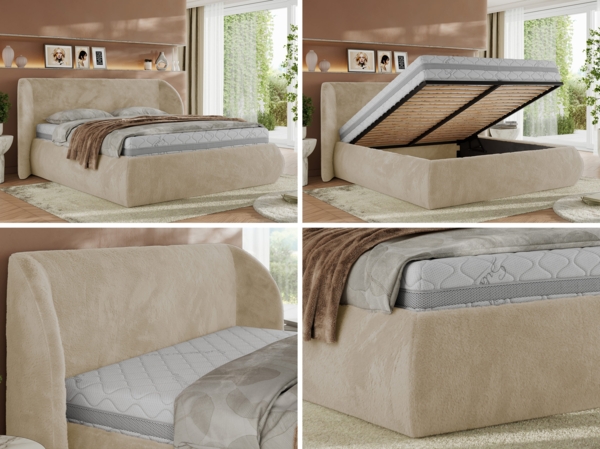 Polsterbett mit Lattenrost, Doppelbett Bettkasten, Bettgestell mit Gasdruckfeder Foam Matratze - CAELA CLASSIC - 200 x 200 cm - Creme Plüsch - MIRO LUX Bild 2