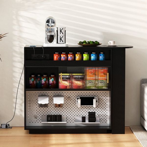 HAUSS SPOLE Bartisch ausziehbar mit stauraum,Esstisch mit LED und Steckdosen für Küche (Ausziehbar 360° Drehbare Sideboard mit Lochbrett, integrierter Stauraum hinter den Längsstreifen), offene Fächer, geschlossene Schränke und Schubladen