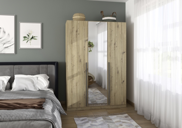 rauch Kleiderschrank Alba, Drehtürenschrank, Garderobenschrank, 3-türig, mit Spiegel, mit 2 Kleiderstangen, 2 Einlegeböden und Schubladeneinsatz, Farbe Eiche Artisan, Holz, Griffstange Grau metallic, Schwarz, 136x197x54cm