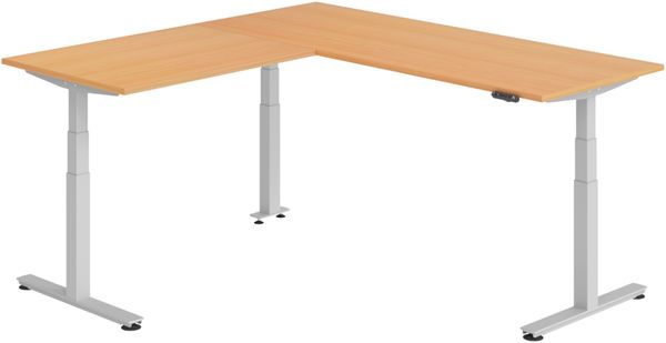 bümö Eckschreibtisch elektrisch höhenverstellbar L-Form: 200 x 200 cm in Buche, Gestell silber - Stehschreibtisch mit Memory-Steuerung, elektrischer XXL Schreibtisch für die Ecke, XDSMW-2012-6-S