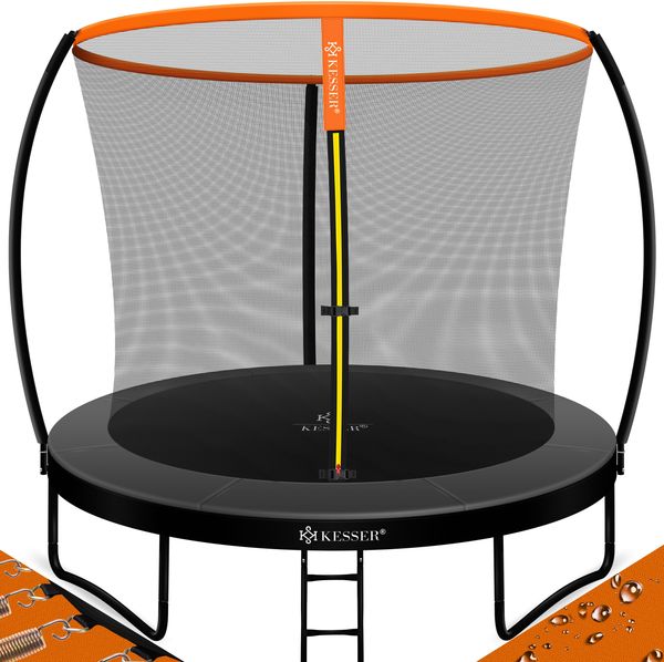 KESSER® Trampolin Gartentrampolin | TÜV Rheinland GS Zertifiziert | Kindertrampolin bis 150 kg | Komplettset mit Sicherheitsnetz, Leiter, Randabdeckung, Seitentasche & Zubehör 244 cm, Orange / Anthrazit