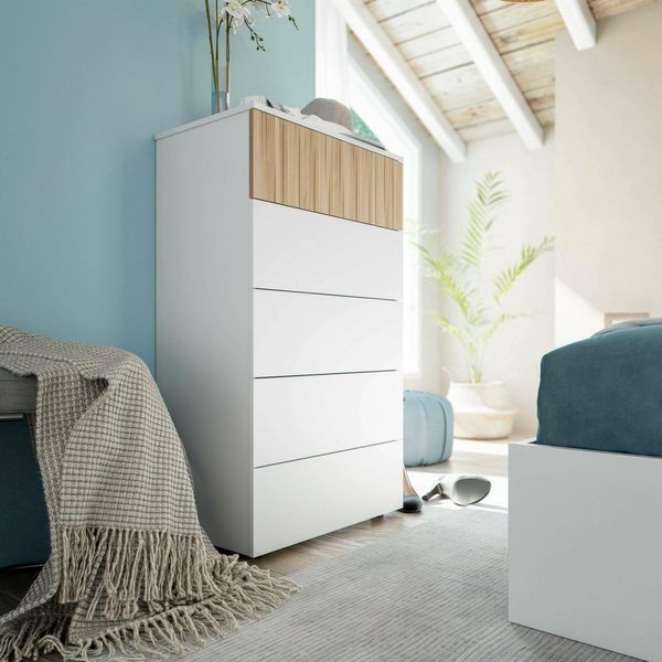 Dmora - Schubladenschrank Wynne, Kommode mit 5 Schubladen, Kommode für Schlafzimmer, Moderne Kommode, 61 x 40 x 109 cm, Weiß und Eiche