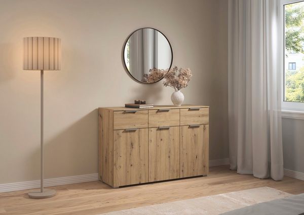 rauch Kombikommode Sideboard Schubladenkommode CORTONA mit Dekor-Front (Breite 120 cm inkl. Soft-Close-Funktion), mit 3 Schubladen und 3 verstellbaren Einlegeboden MADE IN GERMANY