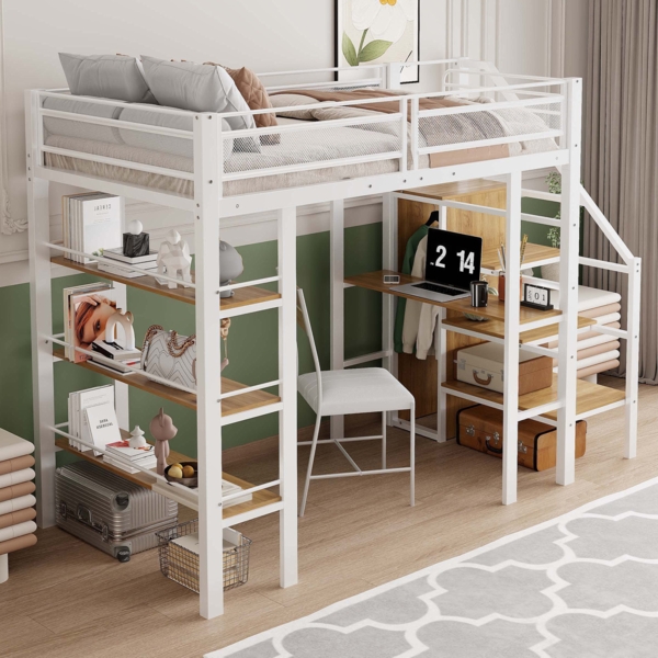 Merax Hochbett 90*200cm, dreilagiges Ablageregal, Schreibtisch, Kleiderschrank, Sicherheitsstufen mit Ablagefach, hohes Zaundesign, Eisenbett, Einzelbett, Weiß