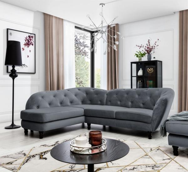 Ecksofa Designersofa CHARLOTTE in Stoff Matt Velvet Anthrazit Ottomane Links