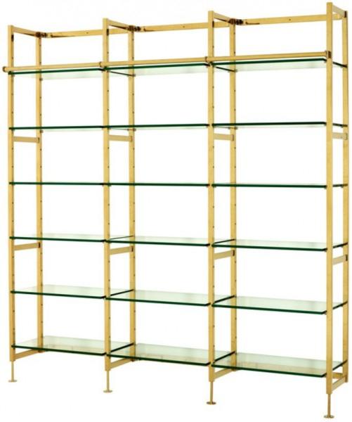 Casa Padrino Luxus Regal Schrank Edelstahl Gold mit Glasböden B 223 x H 245 cm Bücherregal Regal Schrank - Art Deco Möbel