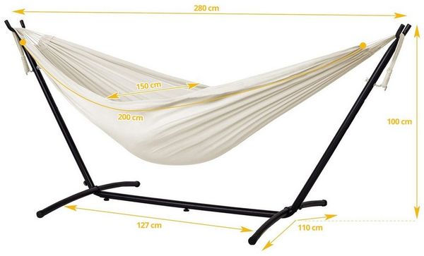 RAMROXX Hängematte 200×150 cm creme natur mit Gestell platzsparend bis 250 kg