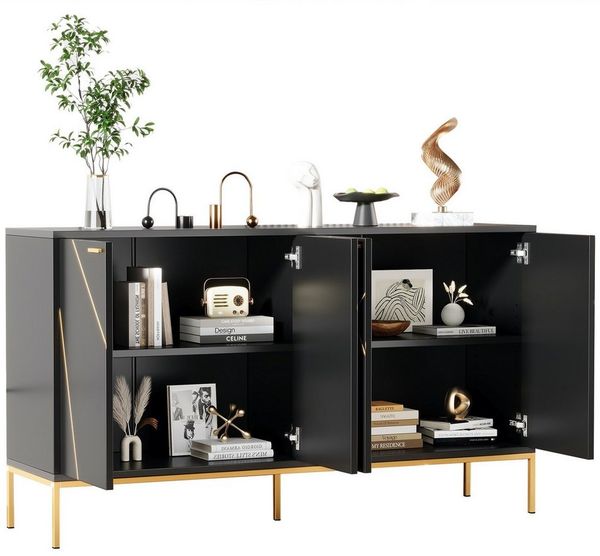OKWISH Sideboard Anrichte,Modernes Küchenschrank (Eleganter Sideboard mit 4 Türen, flexiblen Regalen & stabilen Metallfüßen – TV- oder Kleiderschrank im minimalistischen Design, 1 St), mit vier Türen, Metallfüßen,geradliniges Design mit Metalllinien-Dekor