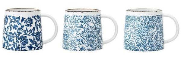 Bloomingville Tasse Molly Mug, Blue, Stoneware, Tassen 3er Set 400ml Keramik Kaffeetassen, Teetassen, Blumentasse, Landhausstil, blau