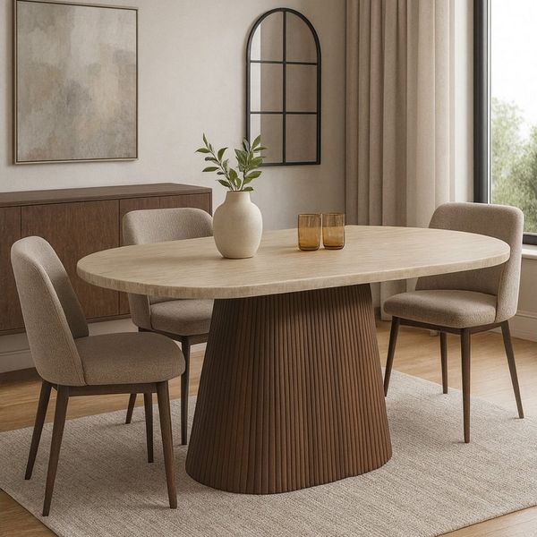 alesvelt Esstisch Dervio massiver Travertin Tisch mit Tischbein im Säulenstil 200cm (1-Tisch), 200 x 100 x 75 cm