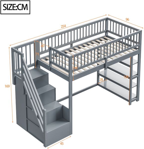 Hochbett 90×200 cm mit hohem Rausfallschutz, Leiter und Stauraum, Grau, ohne Matratze Bild 5
