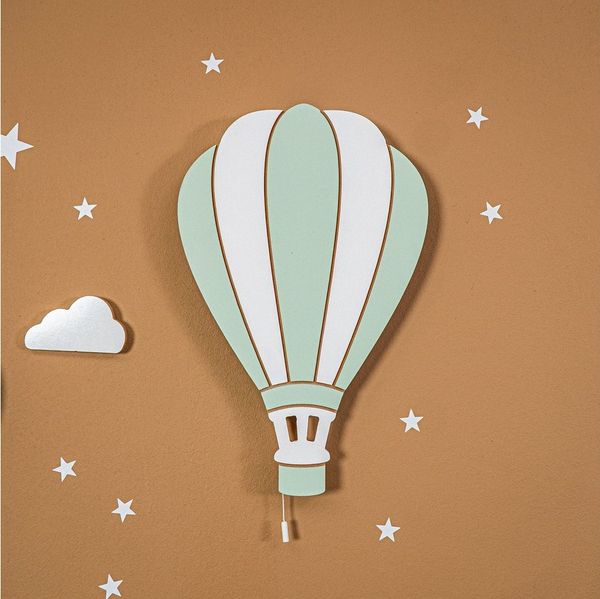 COZYCOLLECTIONS LED Wandleuchte LED-Wandnachtlicht „Grüner Heißluftballoon“ in Holzoptik, LED, Warmweiß, handbemalt, inkl. grüner Heißluftballoon (ohne beige und rosa)