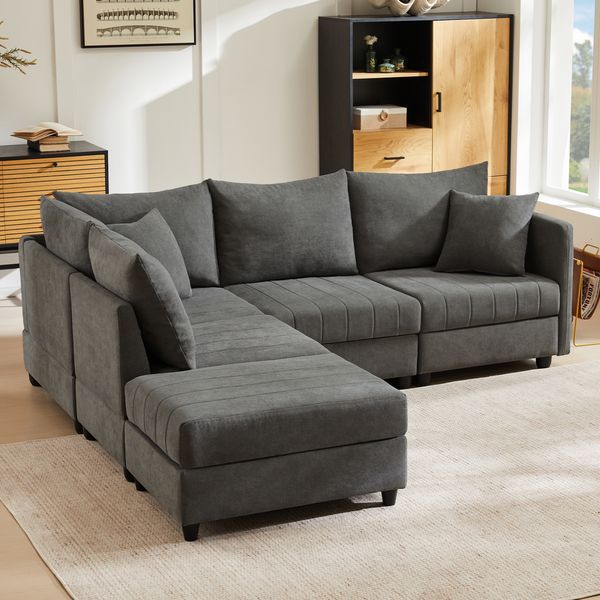 Ecksofa 220x194x85 cm Grau aus Baumwolle-Leinen mit Wende-Fußhocker, Taschenfederkern und modernem Design