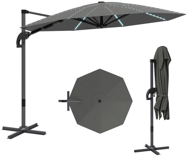 Outsunny Sonnenschirm mit Solar LED, Kurbel, Ständer, UV50+, 360° drehbar, LxB: 300x300 cm, Alu Ampelschirm, höhenverstellbar Marktschirm, Sonnenschutz für Garten, Balkon, Dunkelgrau