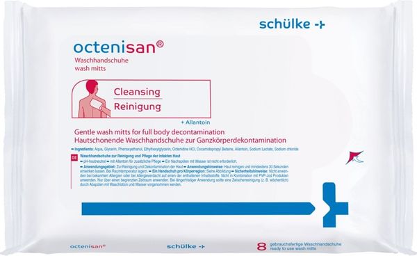 DocMed Einmal-Waschhandschuh octenisan Waschhandschuhe (8 Stck) (Ideal für Ganzkörperwaschungen 8-St. antiseptische Körperwaschung), Antimikrobielle Wirkung, frei von Parfüm- und Farbstoffen