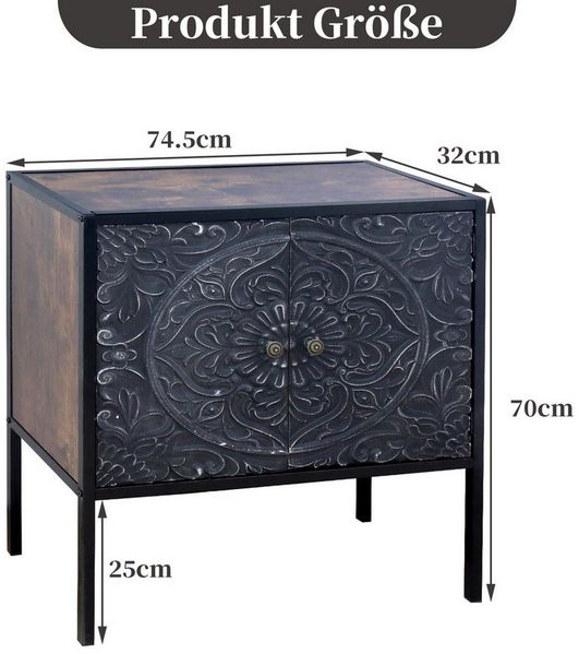 G-LEAF Kommode Aufbewahrungsschrank in Vintage Boho Stil, mit 2 geschnitzten Türen, mit verstellbarem Regal, Holzplatte und Metall-Beinen, 74.5×32×70cm