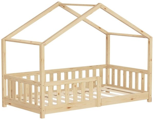 ML-DESIGN Spielbett Hausbett Kinderbett inkl. Lattenrost & Rausfallschutz Kinder Bodenbett, Abenteuerbett 80x160 cm Haus Bett Himmelbett Kiefer Jugendbett Natur