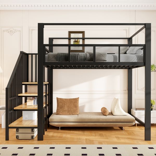 Merax Hochbett, 140×200 cm, Kinderbett, mit Baldachin, Sicherheitstreppe, Arbeitsfläche unter dem Bett, Stauraumstufen, Schwarz