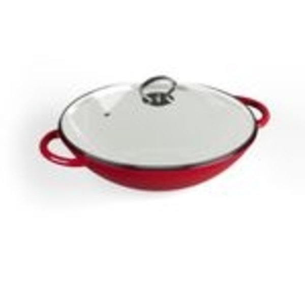 Klarstein Wok Jersey Red Cast Iron Enamel Wok, Gusseisen, Emaille und Edelstahl (Set, Wok 37 cm diameter), Wok Kochen ofenfest induktion Gas Elektro Gusseisen