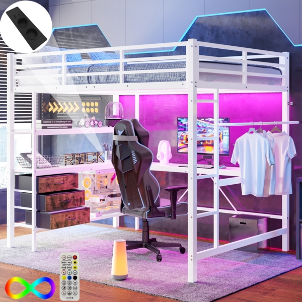 Merax Hochbett, 140*200cm , Ambientelicht mit Fernbedienung, Schreibtisch, Steckdose + USB, 3 Schubladen, Regale, Geländer, Treppe, ohne Matratze, Weiß