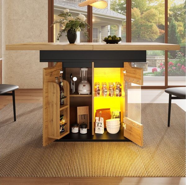 Flieks Esstisch ausziehbarer Küchentisch mit LED-Beleuchtung, Glastüren und Türablagen (110-140×80x76 cm, 1-St, 1 Tisch), erweiterbarer Tisch rechteckig Schreibtisch Bürotisch aus MDF