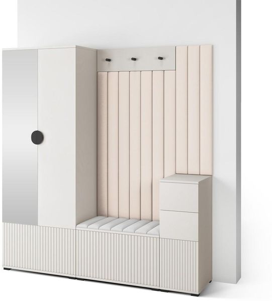 Garderoben-Set Ritmo version 7 – gefräste Kleiderschrank mit Polsterplatten, Schuhschrank, für Flur und Eingangsbereich (cashmere, Trinity 02), 185 x 40 x 170 cm