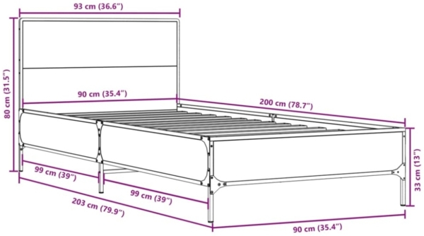 vidaXL Bettgestell Sonoma-Eiche 90x200 cm Holzwerkstoff und Metall 845518 Bild 3