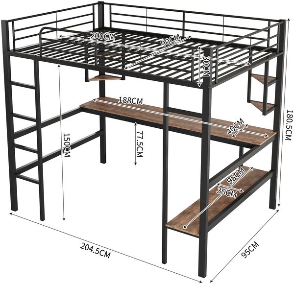 Merax 90x200cm Bettgestell Metallbett, Eisenbett mit Schreibtisch, Hochbett mit vier kleinen Regalen und einem großen Bücherregal für Kinder, Jugendliche und Erwachsene, schwarz Bild 4