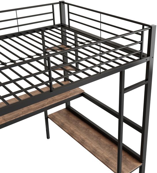 Merax 90x200cm Bettgestell Metallbett, Eisenbett mit Schreibtisch, Hochbett mit vier kleinen Regalen und einem großen Bücherregal für Kinder, Jugendliche und Erwachsene, schwarz Bild 8