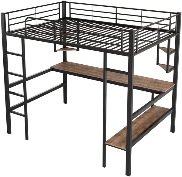 Merax 90x200cm Bettgestell Metallbett, Eisenbett mit Schreibtisch, Hochbett mit vier kleinen Regalen und einem großen Bücherregal für Kinder, Jugendliche und Erwachsene, schwarz Bild 10