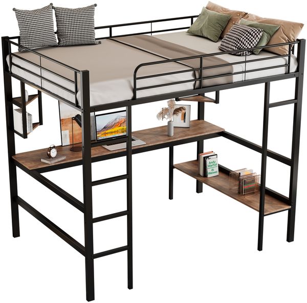 Merax 90x200cm Bettgestell Metallbett, Eisenbett mit Schreibtisch, Hochbett mit vier kleinen Regalen und einem großen Bücherregal für Kinder, Jugendliche und Erwachsene, schwarz Bild 5