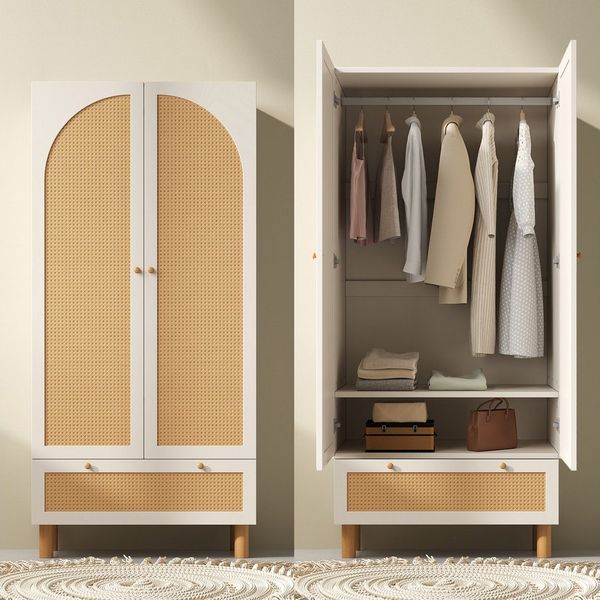Ulife Garderobenschrank mit 2 Türen & Rattan,höhenverstellbaren Regalen&Kleiderstange, (1-St) Landhausstil Weiß mit großer Schublade, Kippsicherung,180x85x52