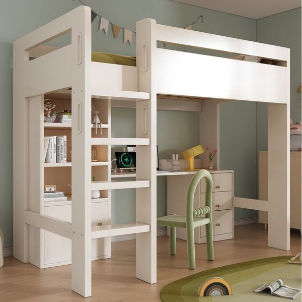 Ulife Hochbett Kinderbtt mit USB-C Schreibtisch, Kleiderschrank und Aktenschrank Jugendbett Einzelbett mit Treppe und Lattenrost, 90x200cm