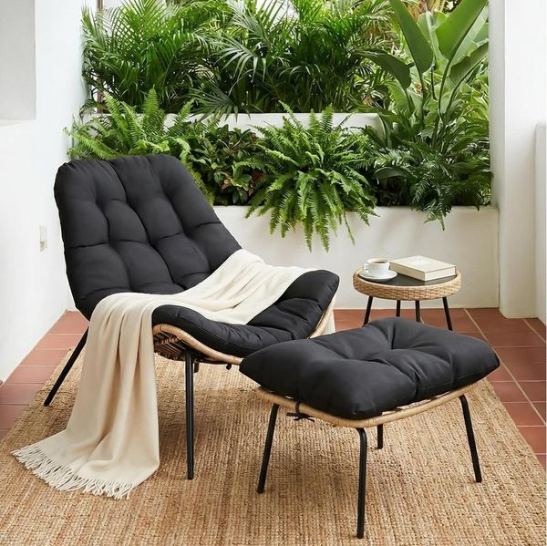 TLGREEN Loungesessel Rattan mit Hocker,Balkonsessel mit Abnehmbarem Kissen, (Waterproof Cushion), für Garten Balkon Wohnzimmer Hof Schlafzimmer Terrasse